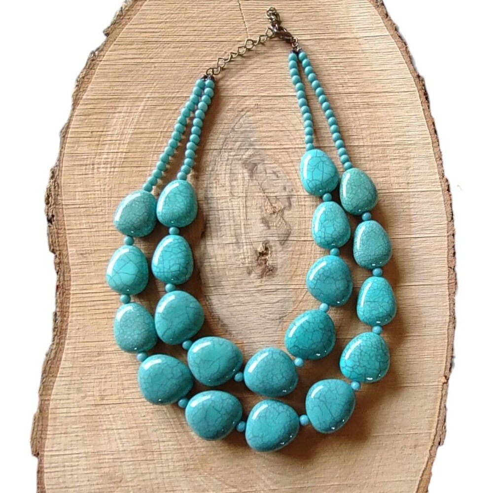 Faux Stone Turquoise Two-Strand Adjustable Chunky Statement Necklace - Picture 3 of 6